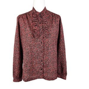 Pykettes Button Down Top Women 16 Black Red Floral Ruffled Long Sleeve Vintage